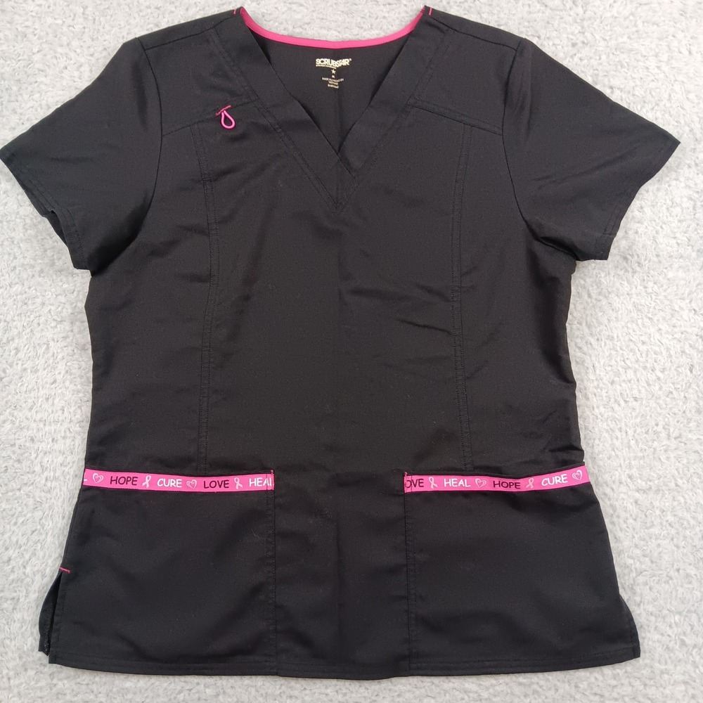 Scrubstar Scrub Top Premium V-Neck Women M Black Pink Hope Love Heal SSL36609TA